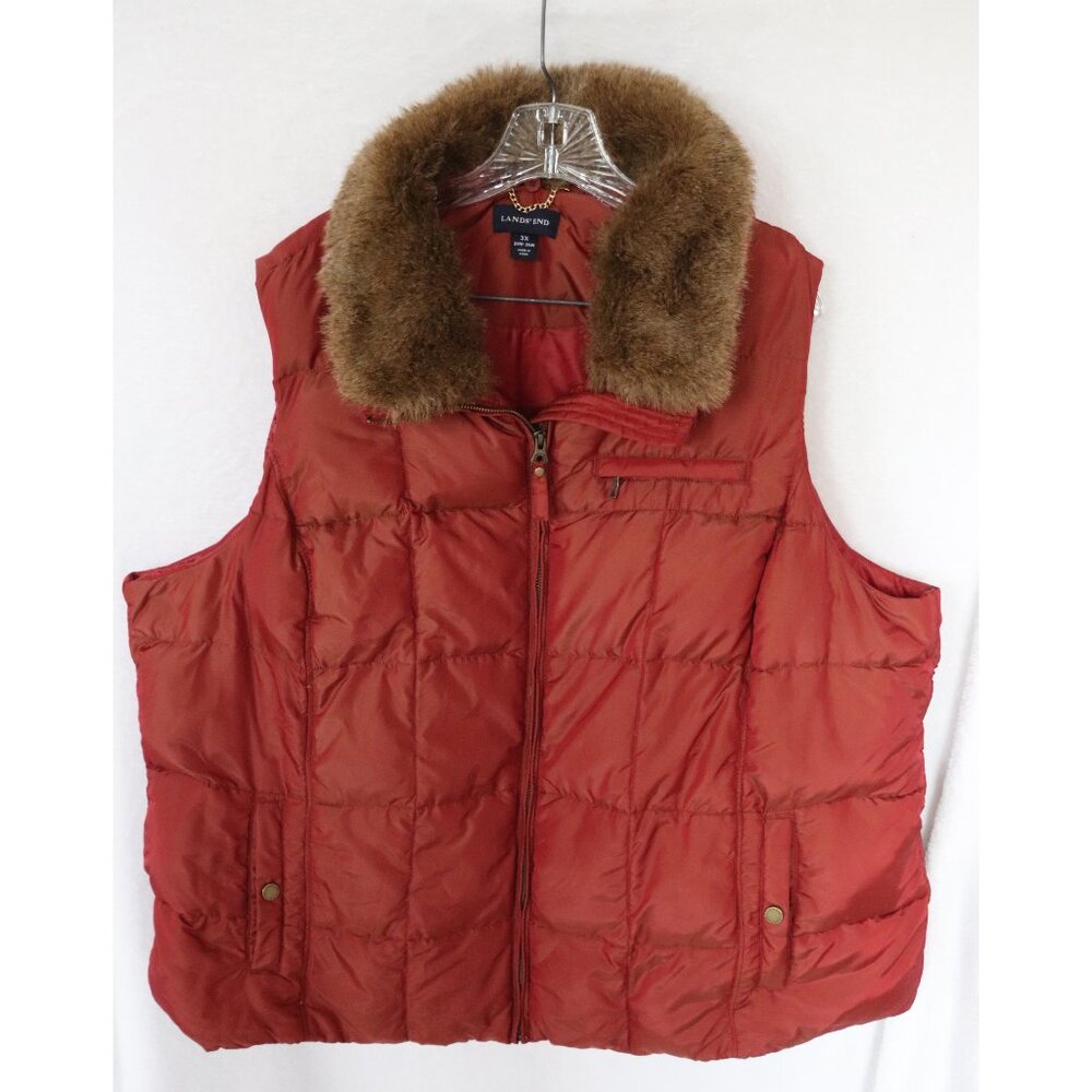 Lands End faux fur trimmed, down filled, dark red puffer vest 3X